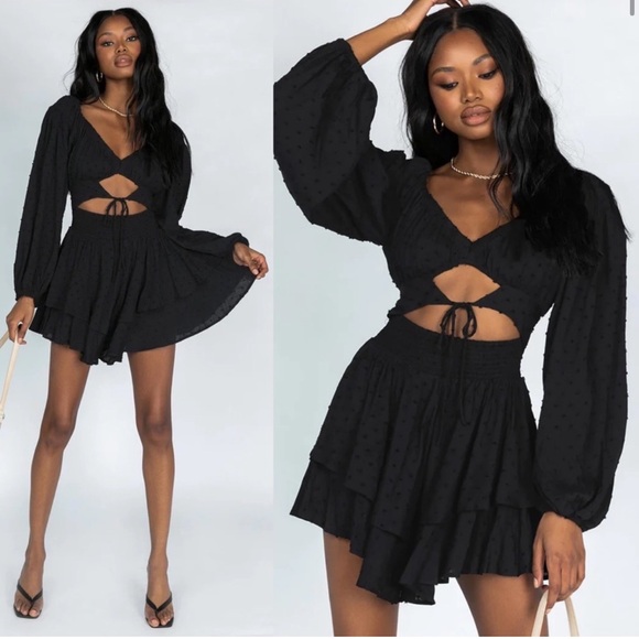 Princess Polly Needed Me Black Swiss Dot Cut Out Waist Balloon Sleeve Romper - Picture 2 of 12